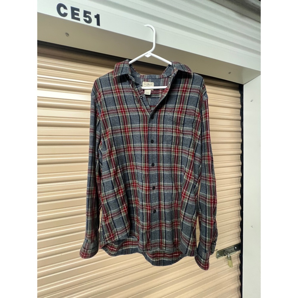 LL Bean Flannel Shirt Mens‎ Medium Grey Red Plaid Long Sleeve Cotton 298167